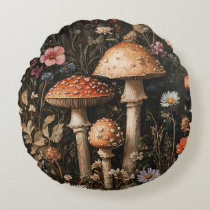 Almofada Redonda Cogumelos Whimsical e flores selvagens Botânica