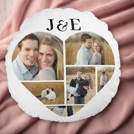 Almofada Redonda Colagem de Fotos Personalizadas do Coração Preto e