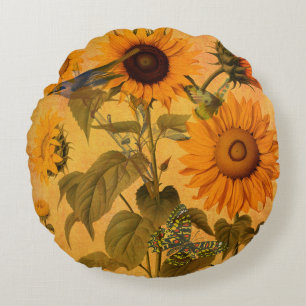 Almofada Redonda Colagem de girassol do Ouro de colheita