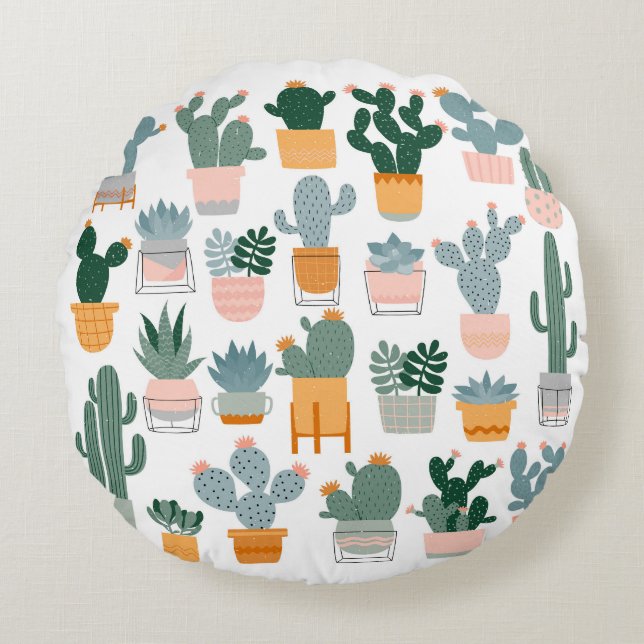 Almofada Redonda Coleção de Cactus em Design de Pote (Frente)