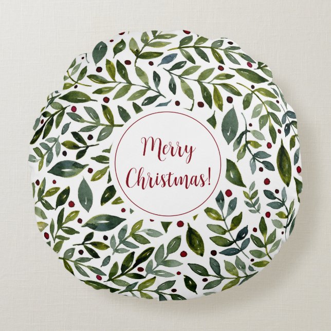 Almofada Redonda Coloração aquosa verde ramos e bagas sazonais (Frente)