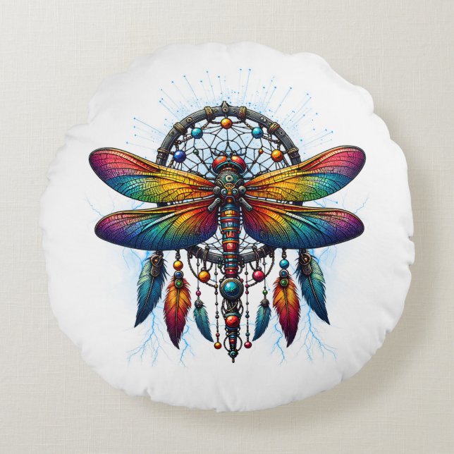 Almofada Redonda Colorful Psychedelic Dragonfly Dreamcatcher Boho (Frente)