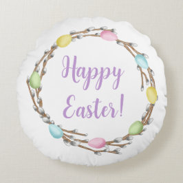 Almofada Redonda Colorful Watercolor Willow Wreath Happy Easter