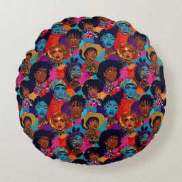Almofada Redonda Coloridas mulheres africanas a azul