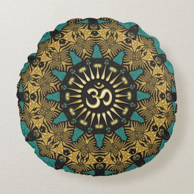 Almofada Redonda com Mandala Tribal Turquesa e Sím (Frente)
