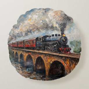 Almofada Redonda Comboio a vapor numa ponte - Pintura a óleo