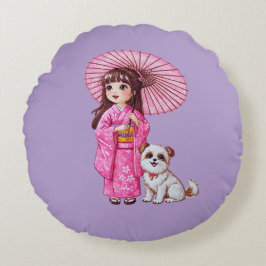 Almofada Redonda Companhias do Blossom: Kimono Girl & Puppy Round P