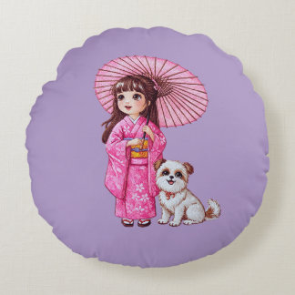 Almofada Redonda Companhias do Blossom: Kimono Girl & Puppy Round P