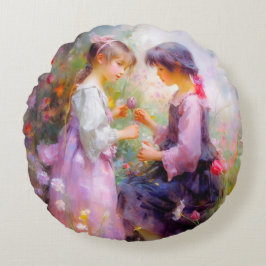 Almofada Redonda Compartilhando Rosas e Amizade 