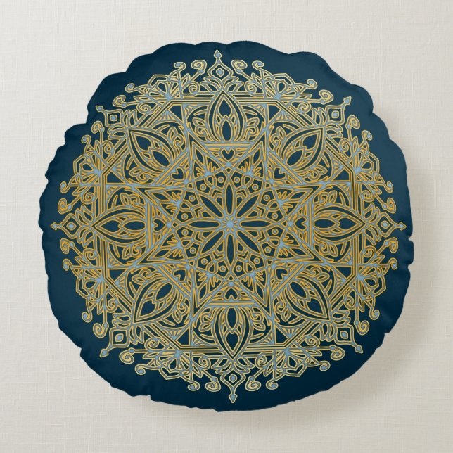 Almofada Redonda Complexo Blue e Dourado Mandala (Frente)