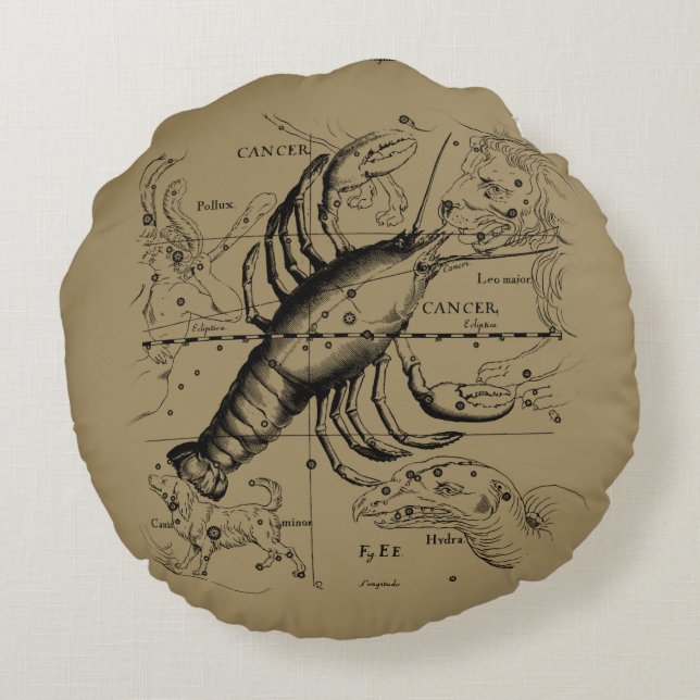 Almofada Redonda Constelação de cancer por Hevelius cerca de 1690 (Verso)