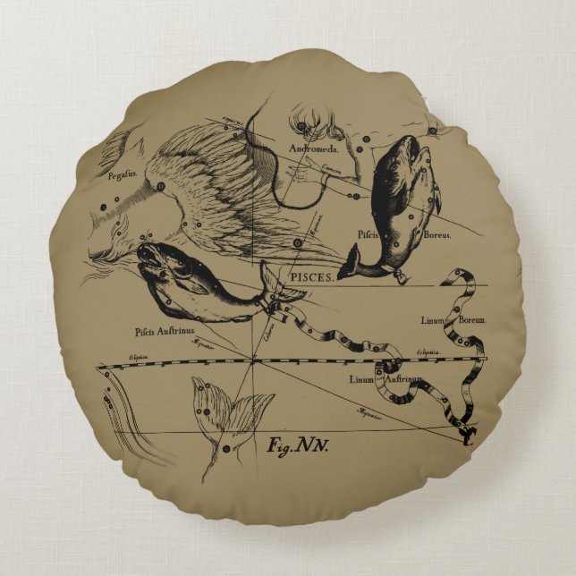 Almofada Redonda Constelação de peixes Hevelius 1690 em Taupe (Verso)