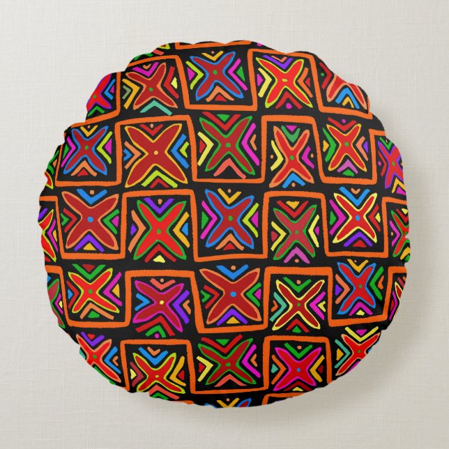 Almofada Redonda Controlos tribais de Kuna Indian Mola - Vermelho (Frente)