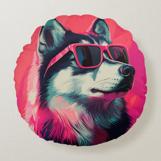 Almofada Redonda Cool Siberian Husky dog with sunglasses (Frente)