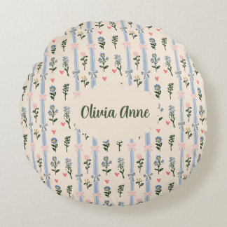 Almofada Redonda Coquette Botânico Laço Rosa Nome Personalizado Ber