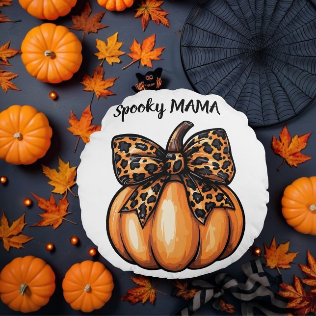 Almofada Redonda Coquette Halloween Leopart Pumpkin Arco Retro (Coquette Halloween Leopart Pumpkin Bow Retro Round Pillow)