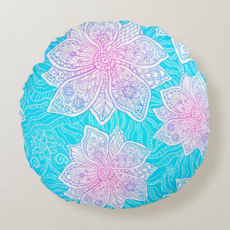 Almofada Redonda Cor azul e rosa das flores do ornamentado, patamar