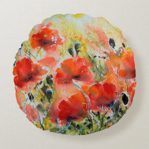 Almofada Redonda Cor da água - pintura de flores vermelhas de papo