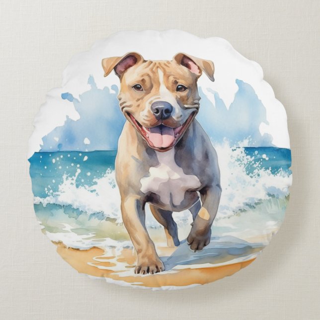 ALMOFADA REDONDA COR DE ÁGUA CORTADA CORRENDO NA PRAIA (Frente)