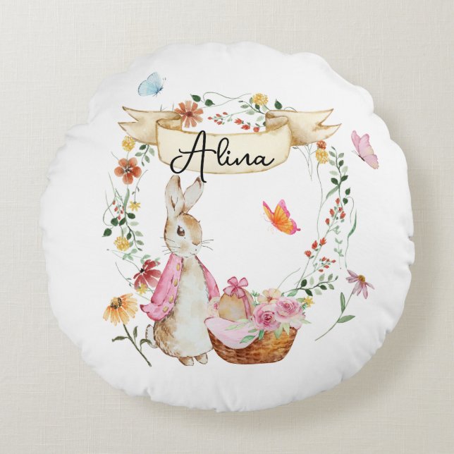 Almofada Redonda Cor de água de Páscoa rosada personalizada (Frente)