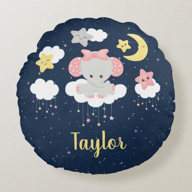 Almofada Redonda Cor-de-rosa elefante e Marinho (Frente)