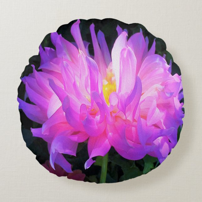 Almofada Redonda Cor-de-rosa estonteante e cacto roxo Dahlia (Frente)