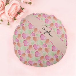 Almofada Redonda Corações Cons Coloridos Padrão de Aquarela