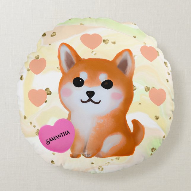Almofada Redonda Corações Cute Shiba Inu | Para O Cão Lover (Frente)
