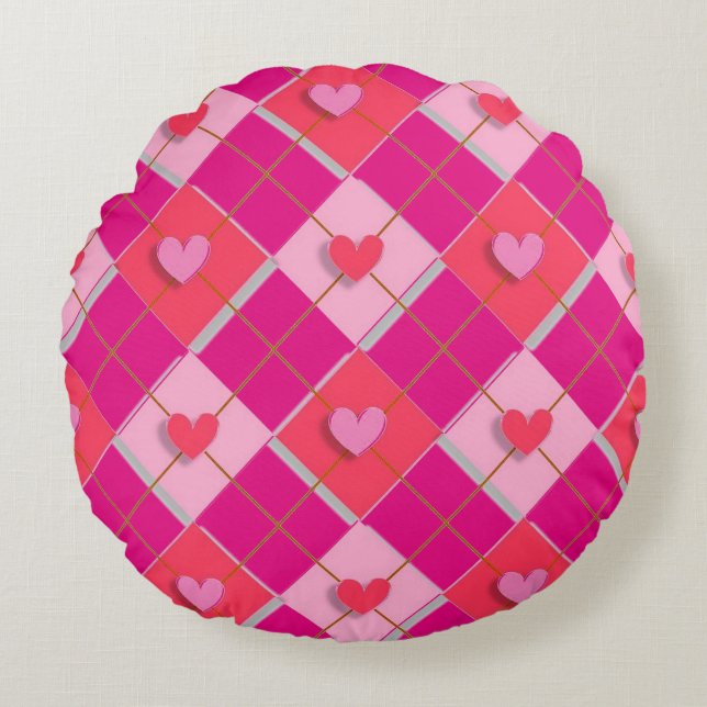 Almofada Redonda Corações de Argyle Rosa E Vermelho (Frente)