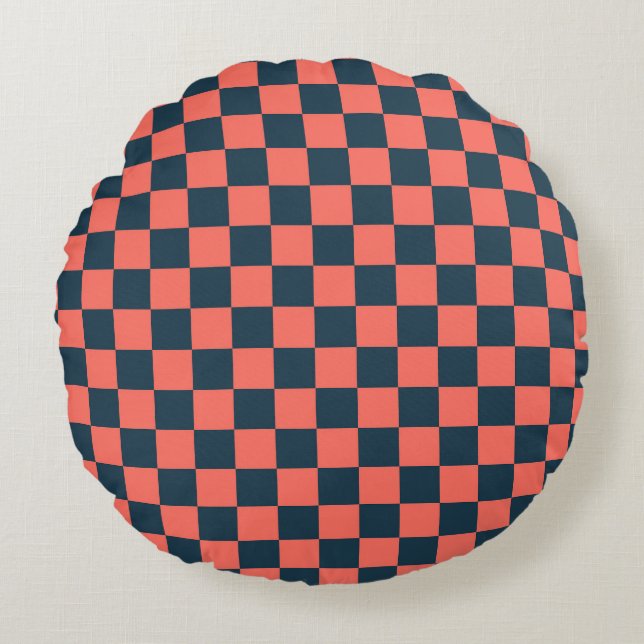 Almofada Redonda Coral and navy checkerboard pattern (Frente)