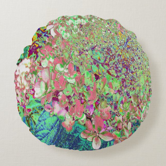 Almofada Redonda Coral Elegante e Chartreuse Limelight Hydrangea (Frente)