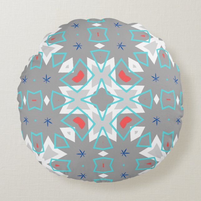 Almofada Redonda Coral Gray Mandala Pattern | Geometric Floral Boho (Frente)