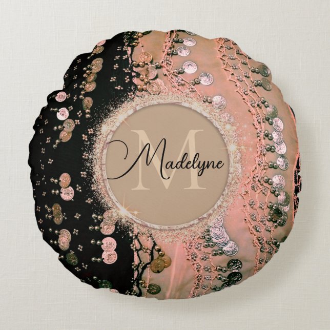 Almofada Redonda Coral rosa-chic e espinho-cigano preto (Frente)