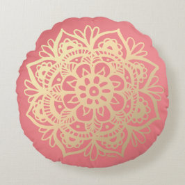 Almofada Redonda Coral rosa e Dourado Flor Mandala