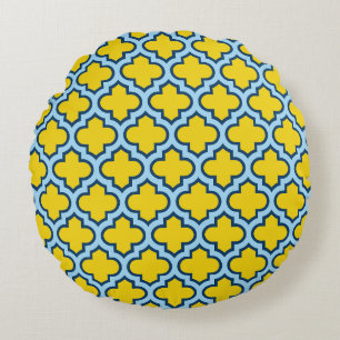 Almofada Redonda Corante amarelo e azul-bebê, latido, quatrefoil
