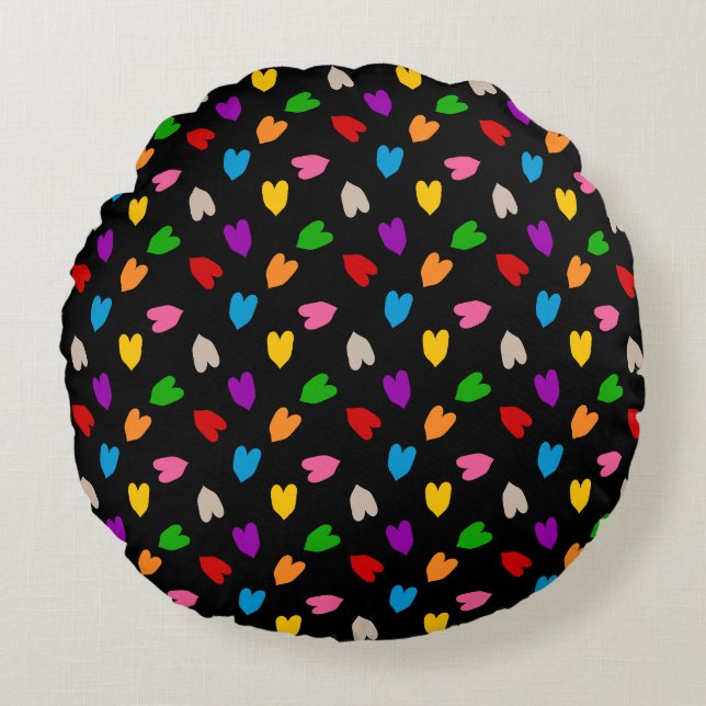 Almofada Redonda Cores Amor Corações Padrão Design Preto  (Frente)