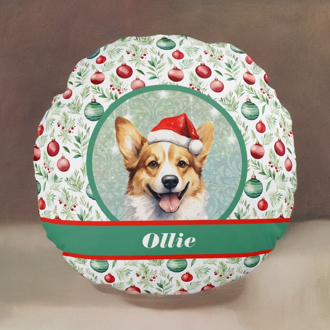 Almofada Redonda Corgi Art com Papai Noel e Padrão de Natal (Criador carregado)