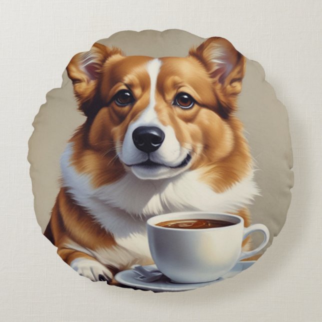 Almofada Redonda Corgi com café (Frente)