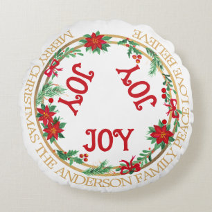 Almofada Redonda Coroa de Alegria Vermelho Verde Dourado Natal Feli