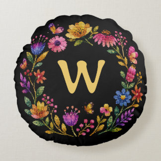 Almofada Redonda Coroa de Borboleta Floral Monograma Personalizada