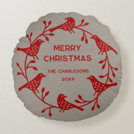 Almofada Redonda Coroa de Natal Personalizada de Pássaros Escandina