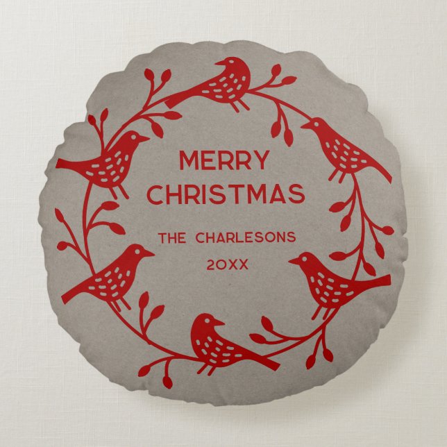 Almofada Redonda Coroa de Natal Personalizada de Pássaros Escandina (Frente)