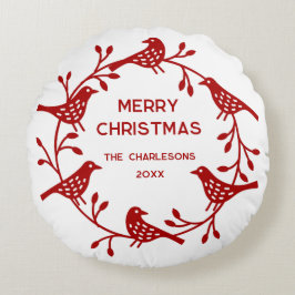 Almofada Redonda Coroa de Natal Personalizada de Pássaros Escandina