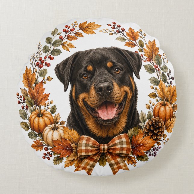 Almofada Redonda Coroa de Outono Rottweiler (Frente)