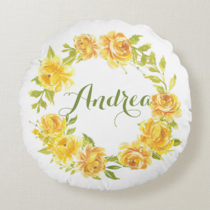 Almofada Redonda Coroa Floral de Aquarela Amarela para Berçário de 