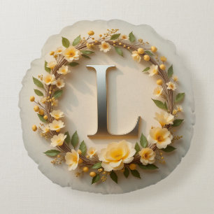 Almofada Redonda Coroa Floral Elegante com Letra L Dourada