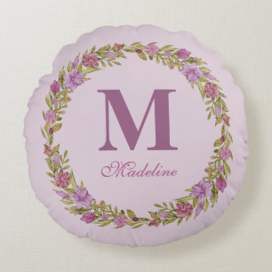Almofada Redonda Coroa Floral Monograma Roxo Quarto de Meninas