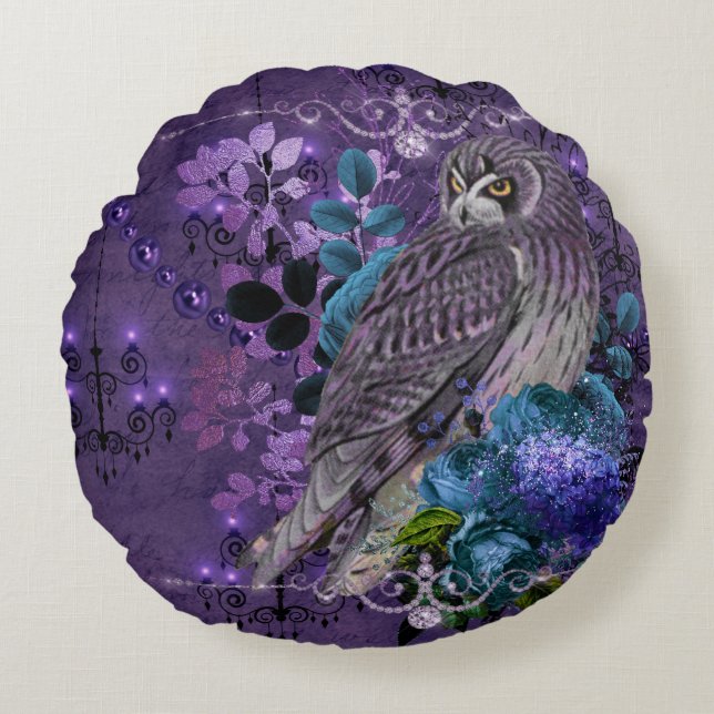 Almofada Redonda Coruja Elegante, chandeliers e joias florais (Frente)