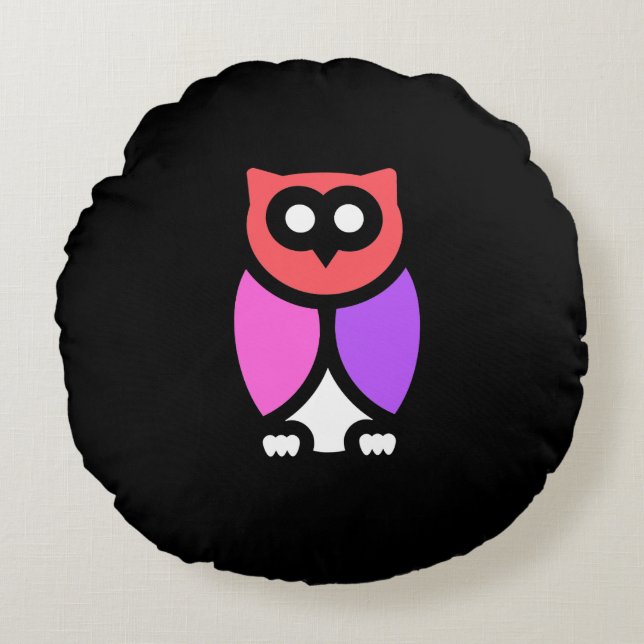 Almofada Redonda Coruja Noturna, Linda Rosa e Vermelha, Pop Abstrat (Frente)