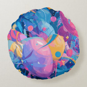 Almofada Redonda Cosmic Celebration: Abstract Floating Orbs and Sta